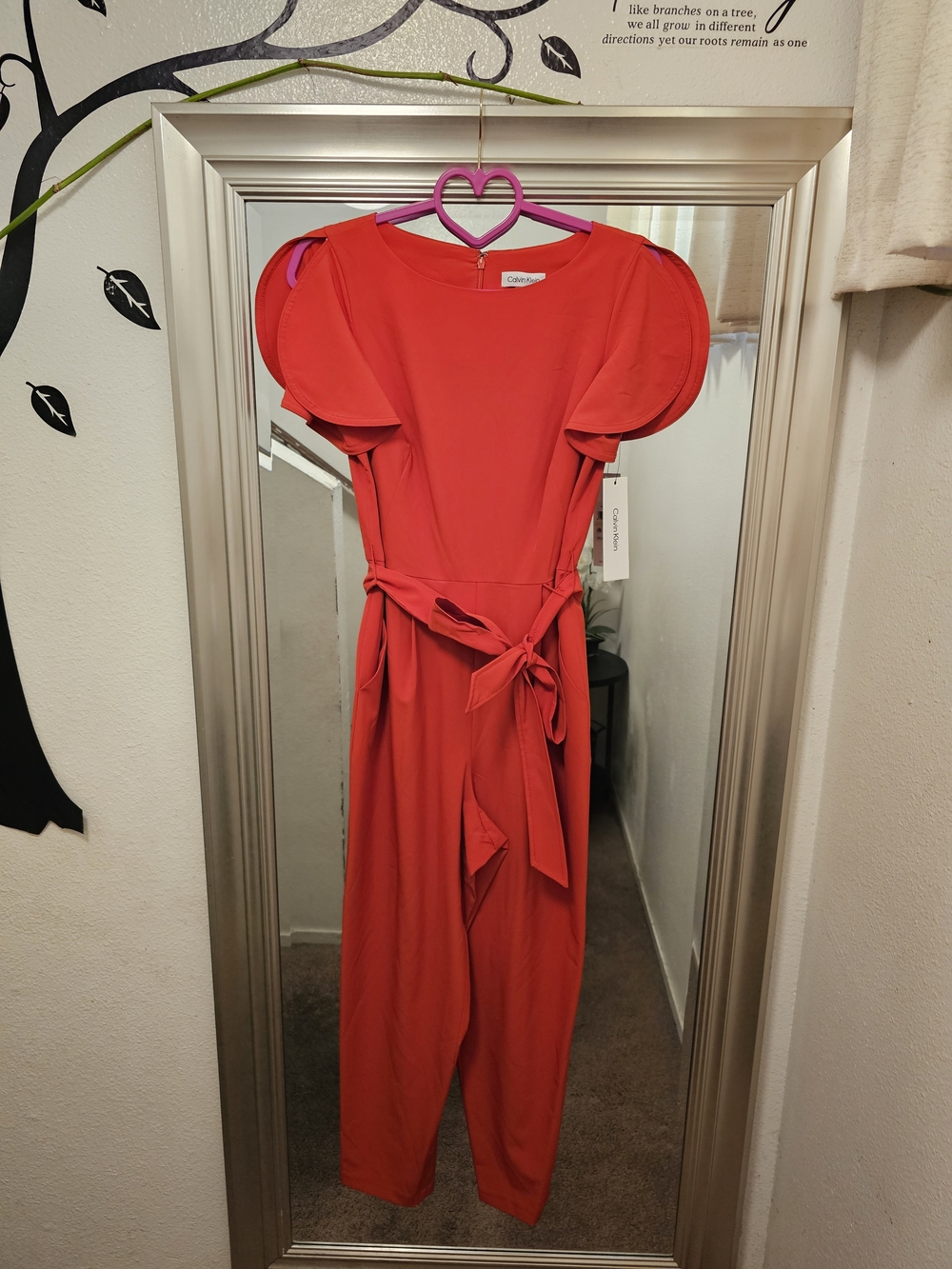 Calvin Klein Red Strapless-Look Jumpsuit with Puff Sleeves